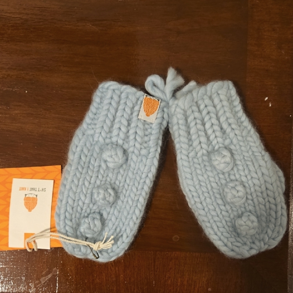 Cozy Blue Knit Mittens for Kids Lil Beans By Sh*t That I Knit With Dust Bag